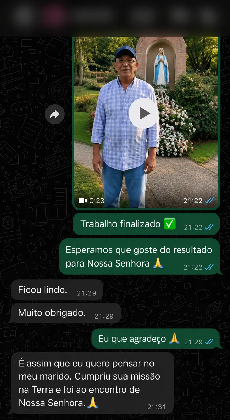 Print de WhatsApp: viúva emocionada com a homenagem do marido
